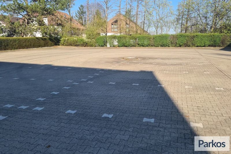 Leerer gepflasterter Parkplatz mit weißen Stellplatzmarkierungen, Hecke und Häusern im Hintergrund, Schatten im Vordergrund.