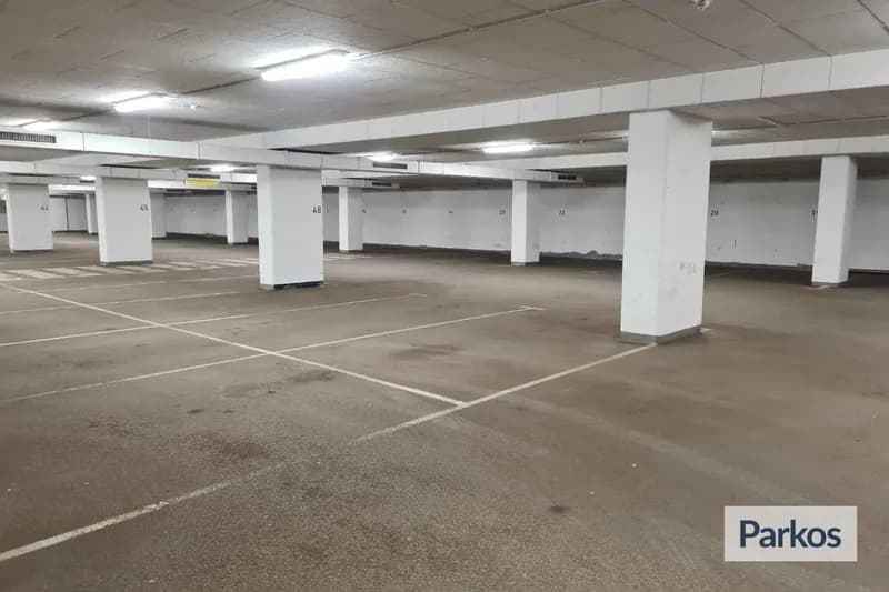 Leeres überdachtes Parkdeck mit markierten Stellflächen, weißen Betonstützen und Deckenbeleuchtung.