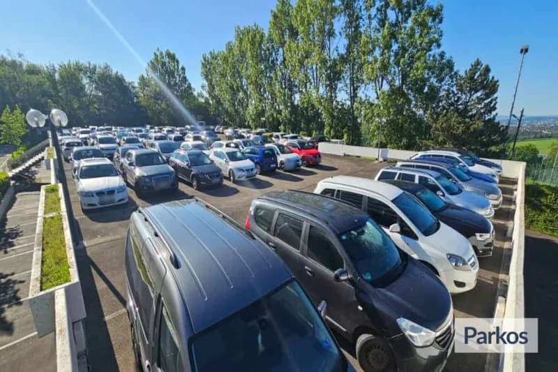 Freifläche mit mehreren geparkten Autos in Reihen auf oberer Ebene, Bäume und blauem Himmel im Hintergrund.