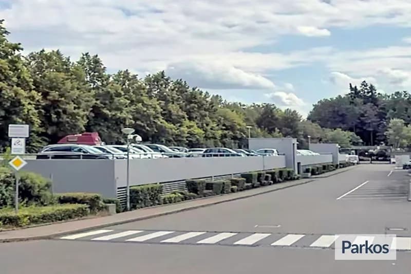 Freiflächenparkplatz mit geparkten Autos hinter niedriger Mauer, Zebrastreifen und Bäumen im Hintergrund.